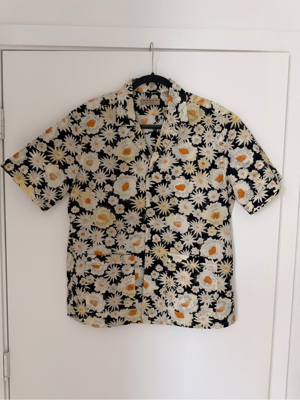 Burberry Black Short-Sleeve Button Shirt with Cream & Gold Daisy Print